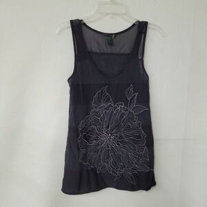 Rain Black Floral Embroidered Sleeveless Tank Top Viscose Blend‎ Small
